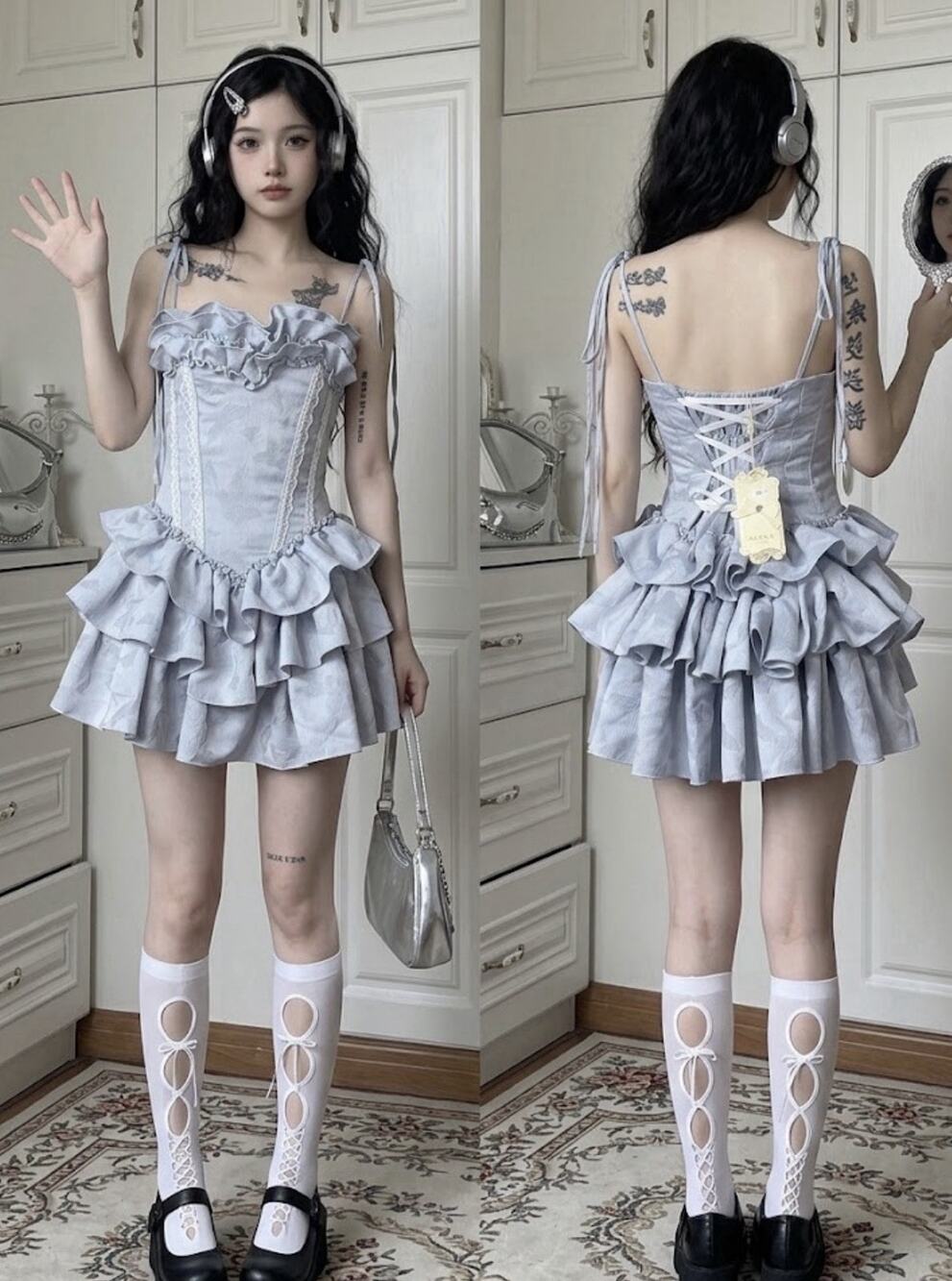NWT AZAKA Paris Blue Victorian Renaissance Corset Mini Dress Ruffle Lace Size TU